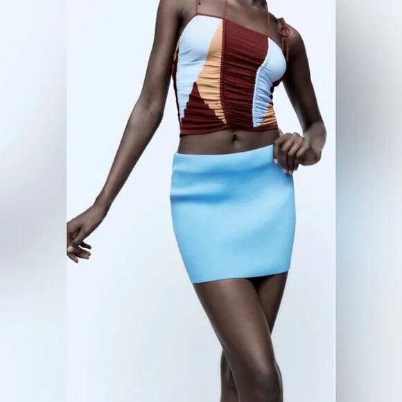 Zara Sky Blue Ribbed Knit Mini Skirt NWT Sz. MEDIUM Summer Basic  SummerGirl - Picture 1 of 7